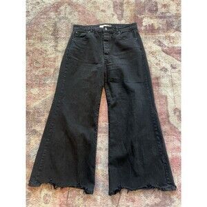 tractr Women's Wide-Leg Jeans Black Denim Raw Hem 5-Pocket Button Zip 100%Cotton